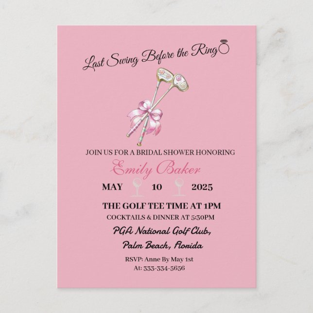 Carte Postale Coquette rose Golf "Dernier swing avant l'anneau" (Devant)