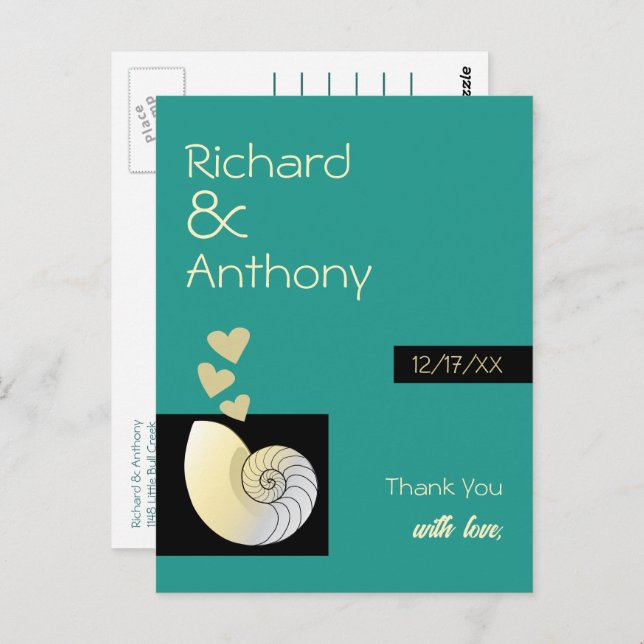 Carte Postale Coquillage et cœurs, remerciement de mariage sur l (Devant / Derrière)