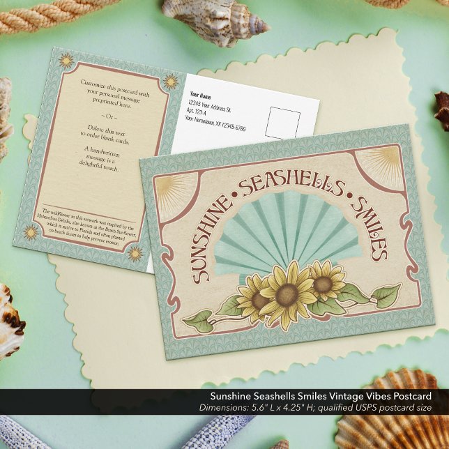Carte Postale Coquillages Sourires Vibrations Vintage de Soleil (Sunshine, Seashells, & Smiles Vintage Vibes Postcard–Pre-print your return address for easy mailing.)