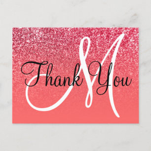 Carte Postale Corail Rouge Paillettes Ombré Monogramme Merci