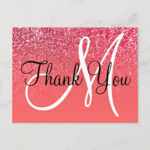 Carte Postale Corail Rouge Paillettes Ombré Monogramme Merci