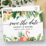 Carte Postale Corail Tropical Floral Calligraphie Enregistrer La<br><div class="desc">Moderne Élégante calligraphie,  aquarelle Corail Tropical Floral et Mariage verdoyant Enregistrer La Date Carte Postale</div>