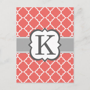 Carte Postale Coral blanc monogramme K Quatrefoil