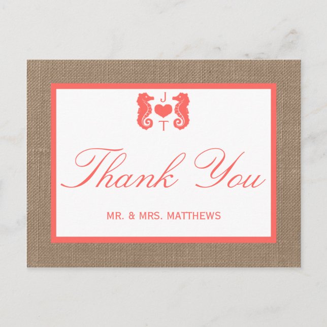 Carte Postale Coral Seahorse Burlap Beach Wedding Collection (Devant)