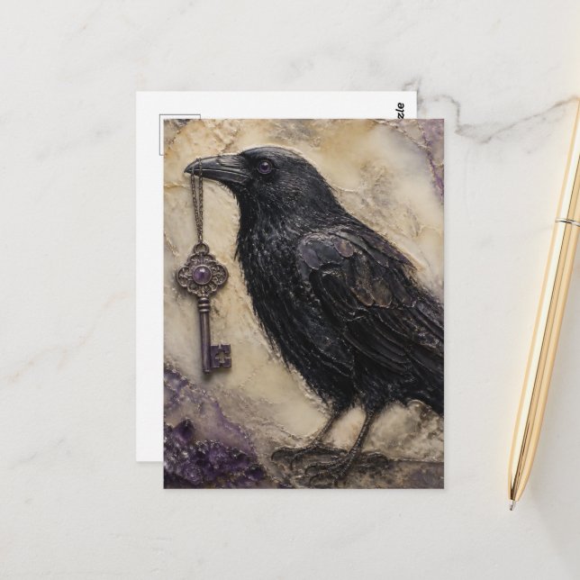 Carte Postale Corbeau avec une clé (Devant/Arrière en situation)
