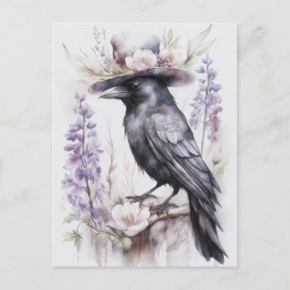 Carte Postale Corbeau Crow avec chapeau et fleurs Watercolor