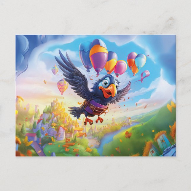 Carte Postale Corbeau d'anniversaire avec ballons et château de  (Devant)