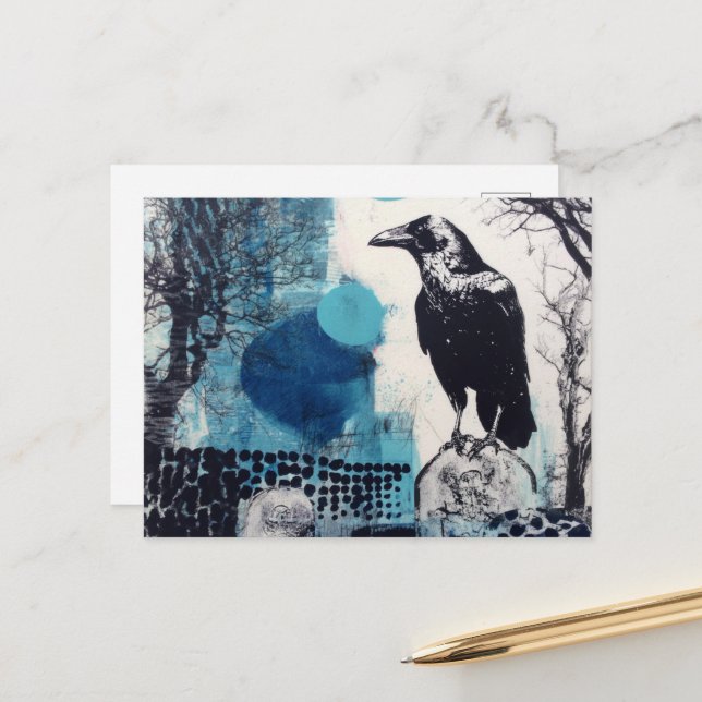 Carte Postale Corbeau dans un cimetière Collage de techniques mi (Devant/Arrière en situation)