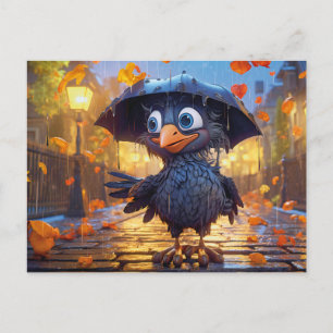 Carte Postale Corbeau dans une rue automnale pluvieuse avec para