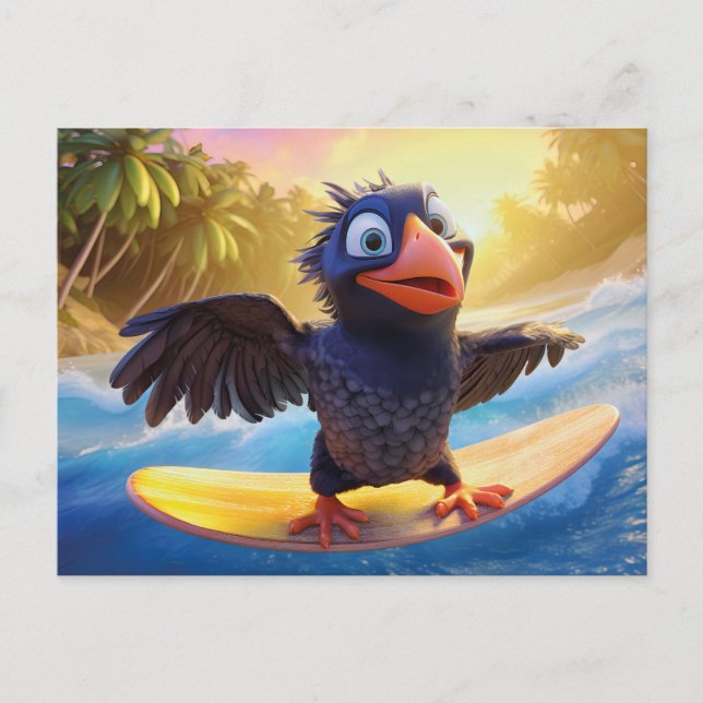 Carte Postale Corbeau faisant du surf dans un paradis tropical a (Devant)