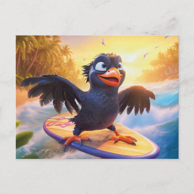 Carte Postale Corbeau faisant du surf sur une plage tropicale av (Devant)