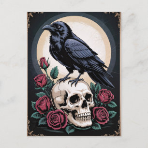 Carte Postale Corbeau gothique avec crâne et découpage Rose