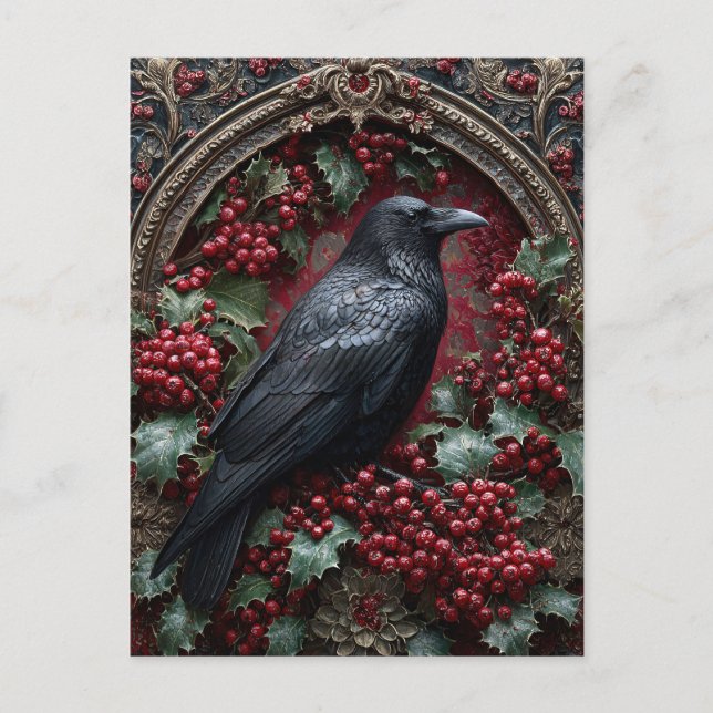 Carte Postale Corbeau gothique avec houx et baies (Devant)