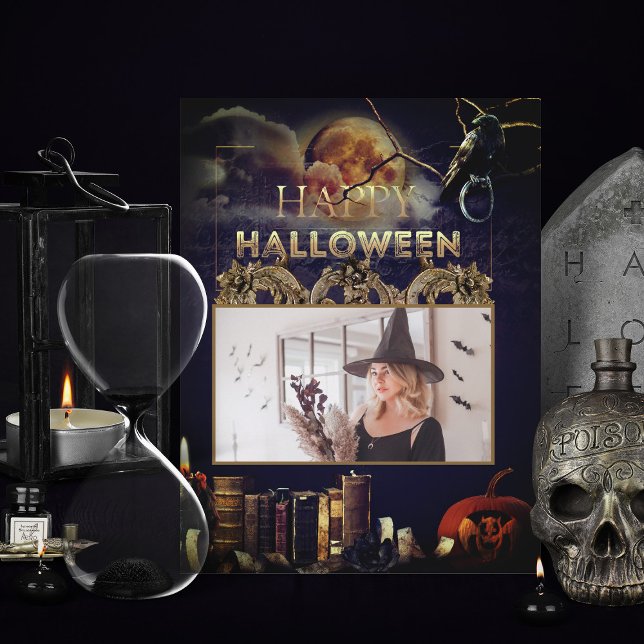 Carte Postale Corbeau gothique éffrayant En Pleine lune Hallowee (spooky adult gothic halloween invitations with full moon and pumpkin add your photo)