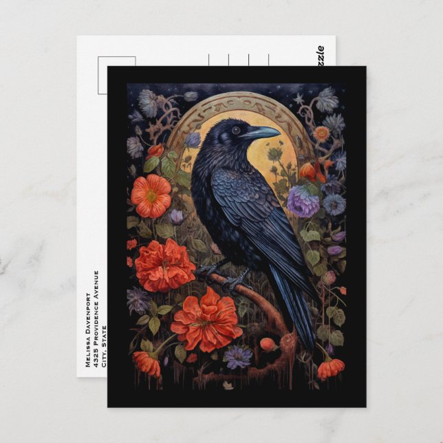 Carte Postale Corbeau noir avec fleurs design gothique (Devant / Derrière)