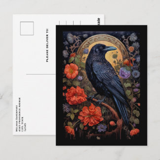 Carte Postale Corbeau noir avec fleurs design gothique
