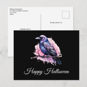 Carte Postale Corbeau noir sur une branche Illustration Hallowee