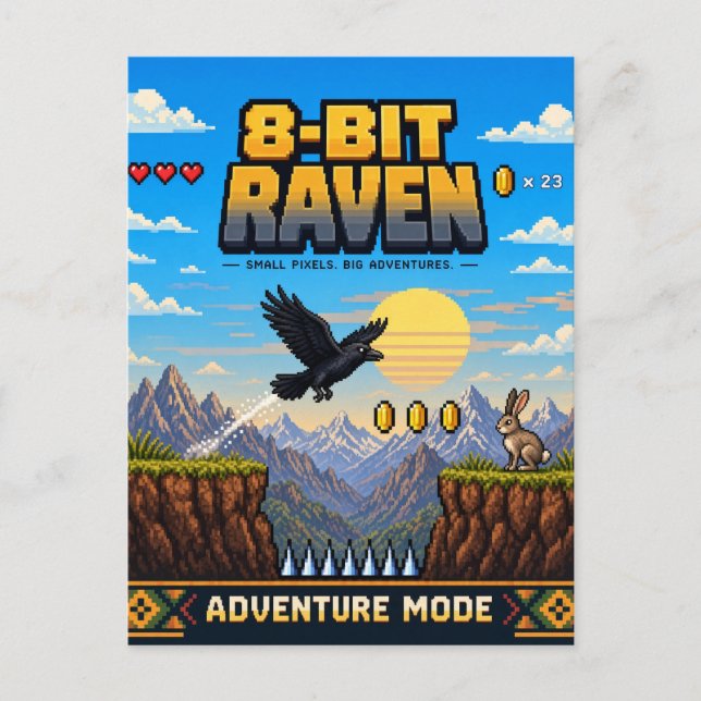 Carte Postale Corbeau, Pixel Art Rétro 8 Bits (Devant)