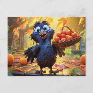 Carte Postale Corbeau récoltant des pommes et des citrouilles en