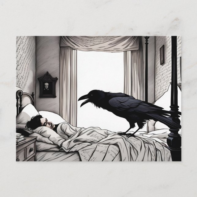 Carte Postale Corbeau regardant Poe endormi (Devant)