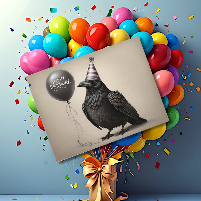 Carte Postale Corbeau regardant un ballon joyeux anniversaire au (Créateur téléchargé)