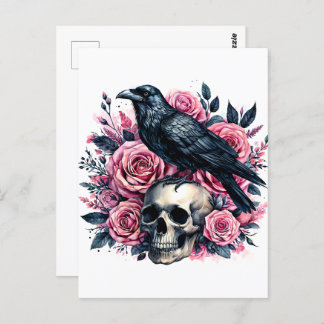 Carte Postale Corbeau Sur Le Crâne Avec Roses Roses Roses Rose A