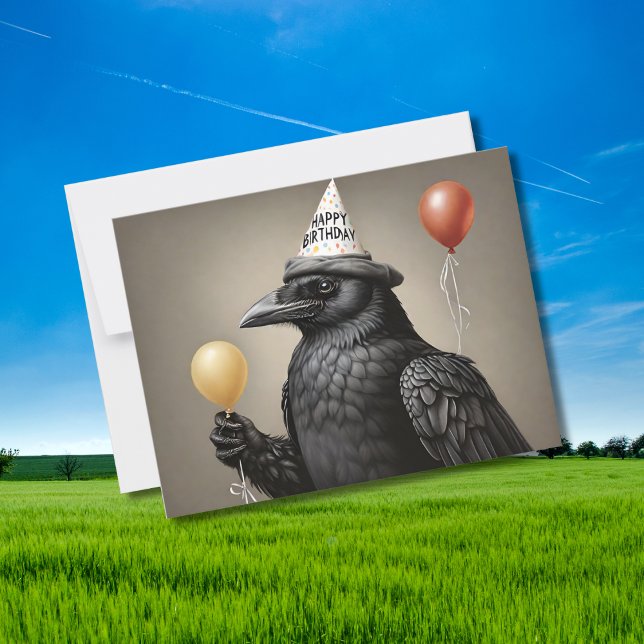 Carte Postale Corbeau tenant un ballon jaune chapeau joyeux anni (Créateur téléchargé)