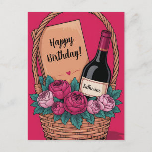 Carte Postale Corbeille cadeau avec vin, roses et nom personnali