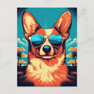 Carte Postale Corgi avec lunettes de soleil sur une plage tropic