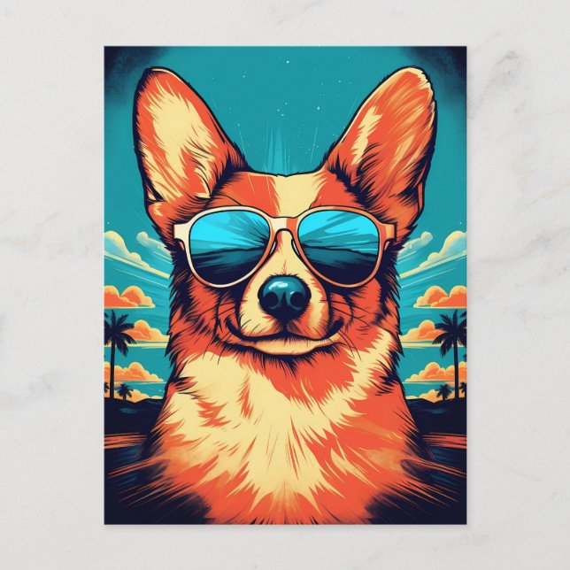Carte Postale Corgi avec lunettes de soleil sur une plage tropic (Devant)