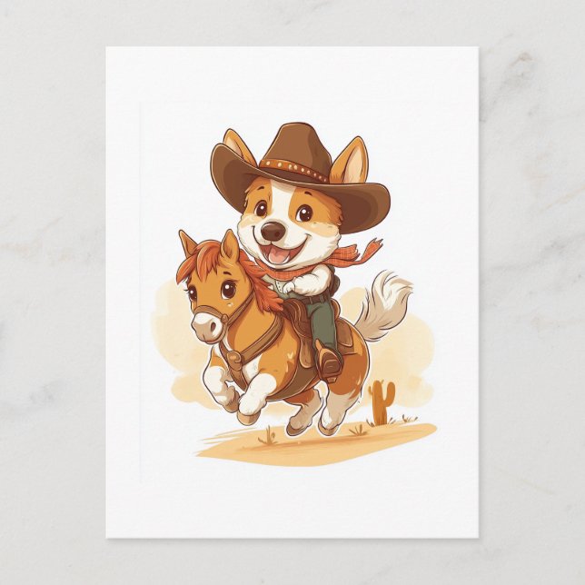 Carte Postale Corgi Cowboy � Chien de Rodéo Occidental (Devant)