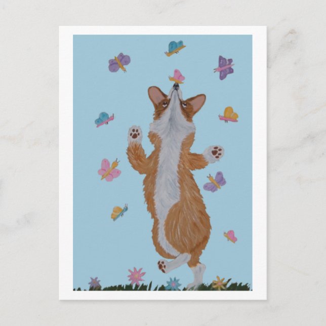 Carte Postale Corgi gallois dansant avec des papillons (Devant)