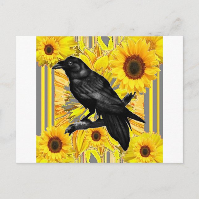 Carte Postale corneille noire fleurie jaune & tournesols art (Devant)