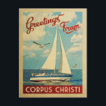 Carte postale Corpus Christi Voilier Vintage Texas<br><div class="desc">Ce voeu de Corpus Christi Texas design nautique de voyage vintage comprend un bateau naviguant sur l'eau avec des mouettes et un ciel bleu rempli de somptueux nuages blancs bouffants.</div>