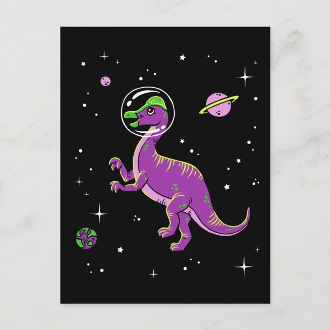 Carte Postale Corythosaurus Violet Et Vert Dinos Dans L'Espace (Devant)