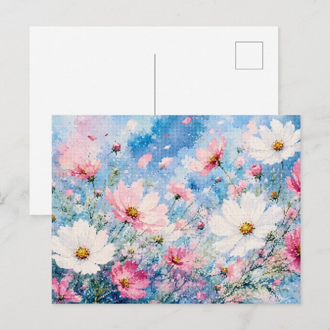 Carte Postale Cosmos Aquarelle Fleurit dans un Style Géométrique (Devant / Derrière)