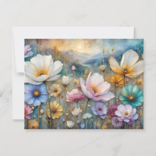 Carte Postale Cosmos coloré Fleur feuilles et ciel