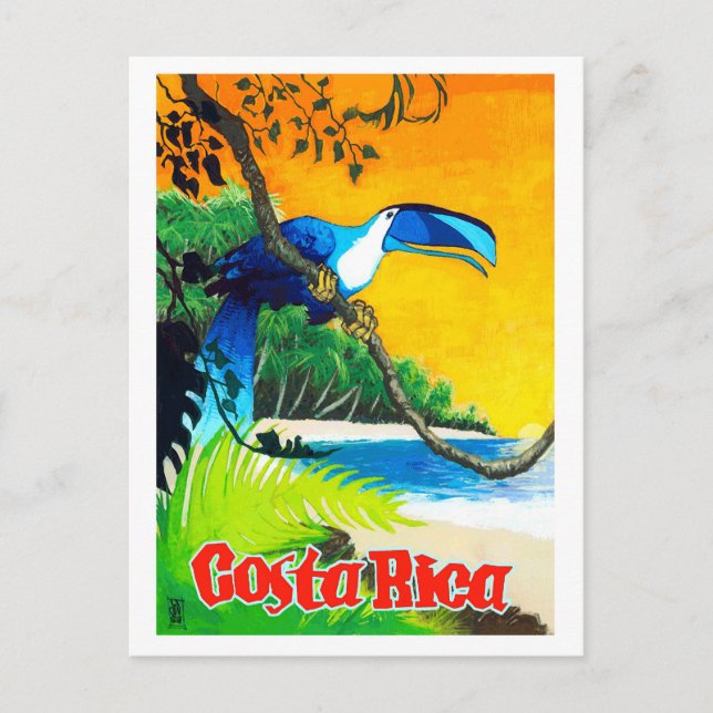 Carte Postale Costa Rica, perroquet exotique sur la plage, vinta (Devant)