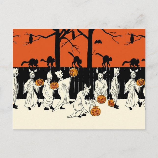 Carte Postale Costume de fantôme Citrouille éclairée Chat noir H (Devant)