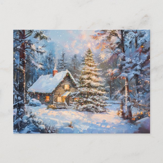 Carte Postale Cosy chalet d'hiver avec sapin de Noël (Devant)