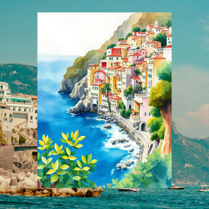 Carte Postale Côte amalfitaine Italie Aquarelle Côtière italienn