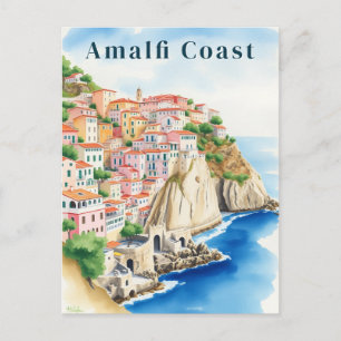 Carte Postale Côte d'Amalfi Italie Aquarelle Ville sur la Falais