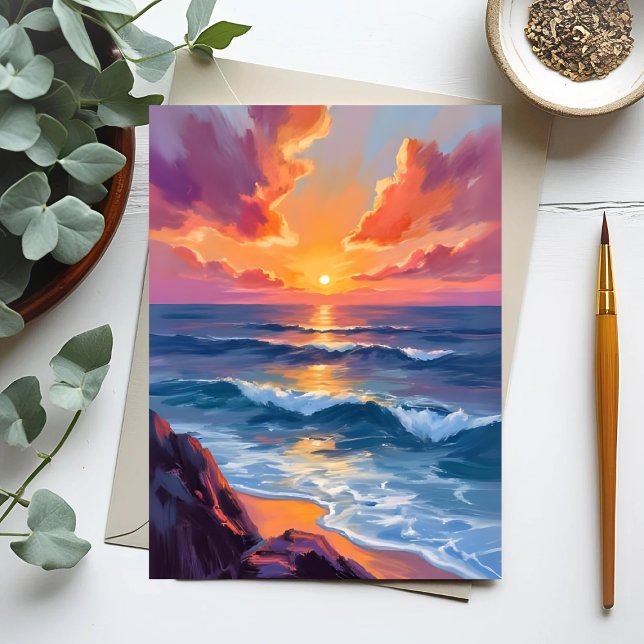 Carte Postale Côte Dorée | Peinture Aquarelle du Coucher de Sole (Créateur téléchargé)