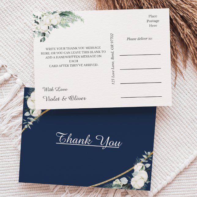 Carte Postale Coton d'Eucalyptus | Marine Moderne Merci Mariage (Créateur téléchargé)