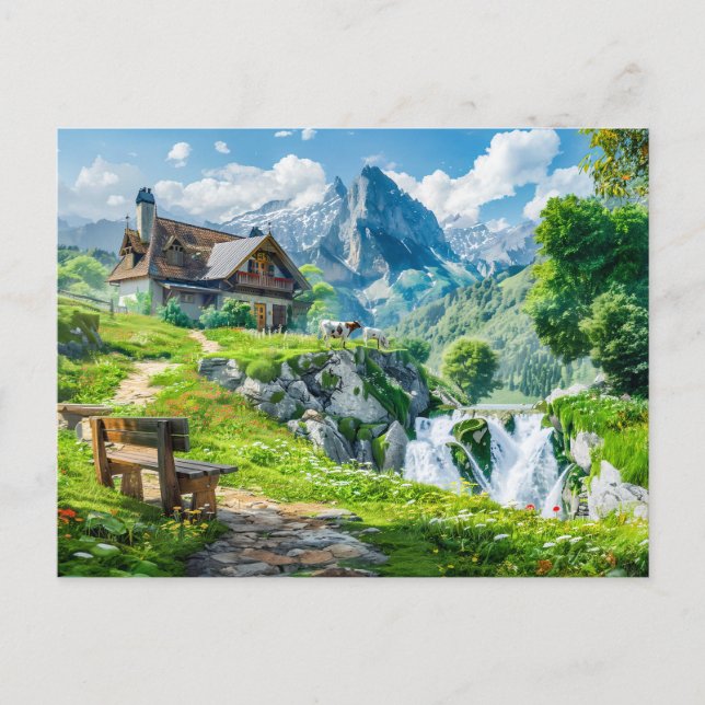 Carte Postale Cottage alpin par cascade de montagne (Devant)