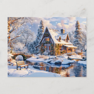 Carte Postale Cottage de Noël au bord de la rivière enneigée