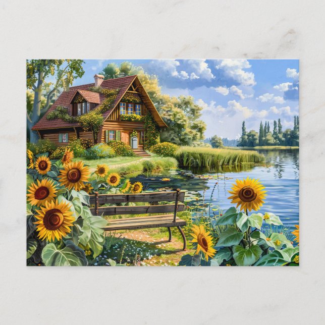 Carte Postale Cottage Lakeside avec terrain de tournesol (Devant)