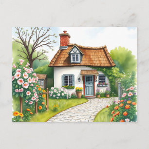 Carte Postale Cottage pittoresque Aquarelle  Fleurs en fleurs 