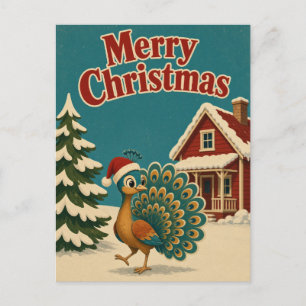 Carte Postale Cottage Rouge Paon Noël Animal