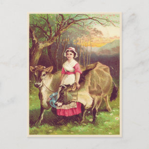 Carte Postale Cottagecore Farmer Femme avec vaches Aquarelle